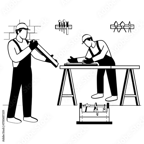 Person checking alignment of wood boards vector design, carpenters banner, woodworker scene, tradesperson and craftsmen illustration, Worker measuring and preparing wooden planks concept