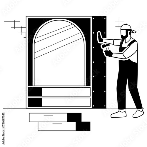 Woodwork and Home Improvement vector design, carpenters banner, woodworker scene, tradesperson and craftsmen stock illustration, Worker fixing interior wall mounted dressing concept