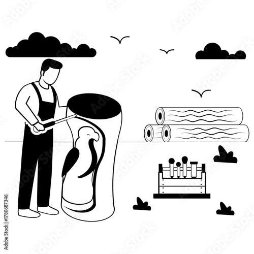 craftsman sculpting wooden eagle using chisel vector design, carpenters banner, woodworker scene, tradesperson crafting illustration, woodcarver working on large tree trunk carving bird figure concept