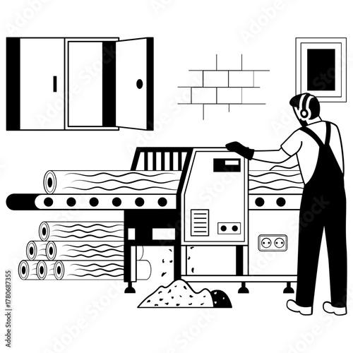 Safety in Timber Processing vector design, carpenters banner, woodworker scene, tradesperson and craftsmen stock illustration, Wooden logs placed on conveyor belt, moving into chipping machine concept