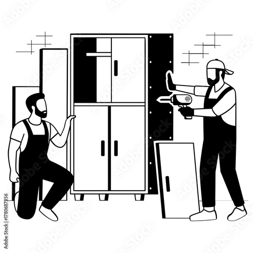 furniture maker installing cabinet door using power drill vector design, carpenters banner, woodworker scene, tradesperson and craftsmen illustration, two workers assembling large wardrobe concept