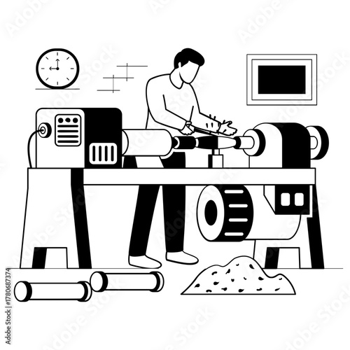 Woodturning Craftsmanship vector design, carpenters banner, woodworker scene, tradesperson craftsmen illustration, Worker operating lathe machine, shaping piece of wood into cylindrical shape concept