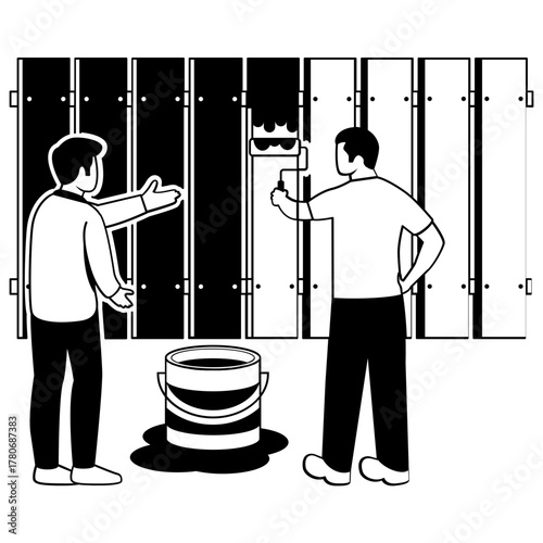 Upgrading Surfaces with New Coat vector design, carpenters banner, Applying Protective Coating to fence scene, tradesperson and craftsmen illustration, Painter Painting Wooden Panels Together concept