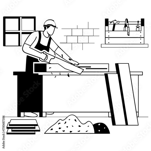 Worker shaping timber for furniture vector design, carpenters banner, woodworker using hand tool scene, tradesperson and craftsmen stock illustration, carpenter cutting wood plank with handsaw concept