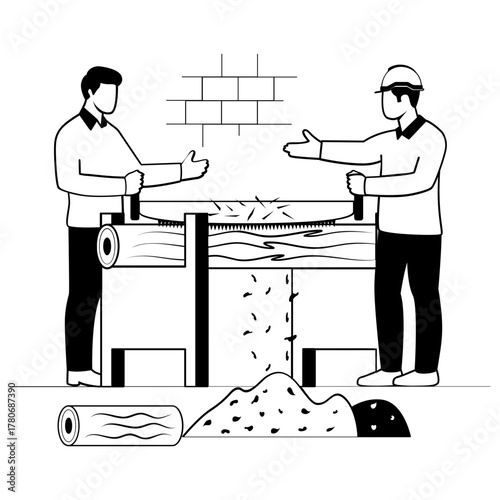 traditional wood sawing process scene vector design, carpenters banner, woodworker scene, tradesperson and craftsmen illustration, workers cutting large wooden log using manual two-person saw concept