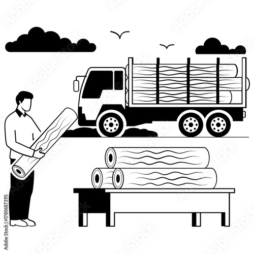 Timber or Lumber Loading and Preparation to factory vector design, carpenter banner, woodworker scene, tradesperson and craftsmen illustration, raw log delivery to sawmill or workshop by truck concept