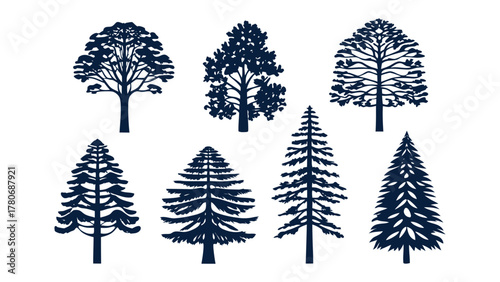 Diverse Tree Silhouettes: a collection of elegant tree silhouettes, presenting a rich tapestry of arboreal variety for artistic and design projects.