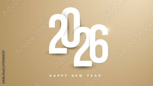 2026 Happy New Year White 3D Typography on Gold Background