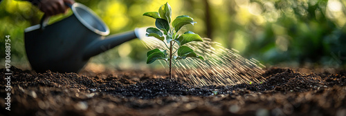 Gardener waters newly planted apple tree in spring sunlight Generative AI