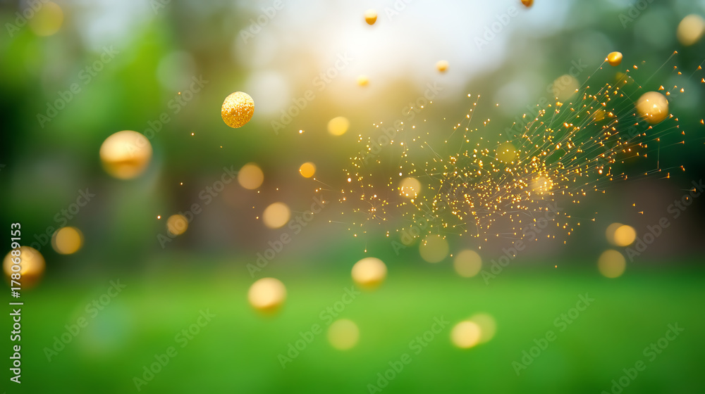 Obraz premium A magical scene featuring golden particles dancing in sunlight, creating a dreamy atmosphere in a serene outdoor setting.
