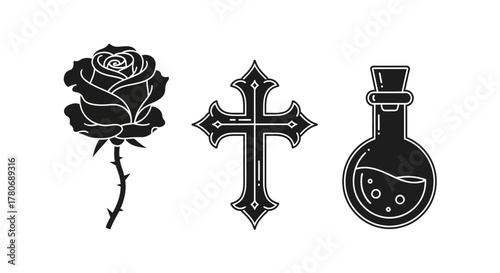 Silhouette trio of rose, cross, and potion, set against a pristine white background showcasing