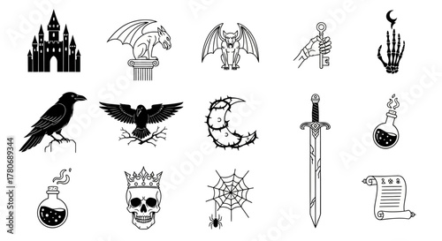 Mystical collection of dark illustrations featuring fantasy and gothic themes for decoration
