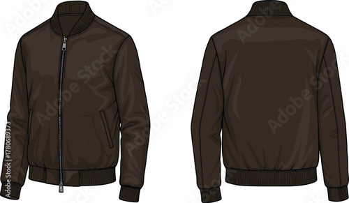 Dark brown bomber jacket front and back view, ribbed collar, cuffs, waistband, zipper closure, fashion template, apparel illustration, outerwear design
