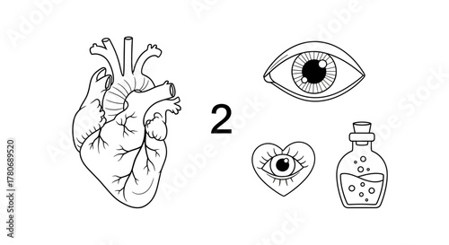 Illustration showcasing a symbolic heart, eyes, and potion bottle for concept art or design elements