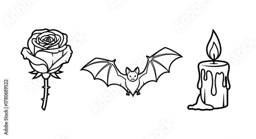 A captivating arrangement of gothic elements rose, flying bat, and a glowing candle artistic