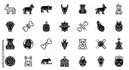 Diverse set of vector art icons depicting animals, mythical creatures, and ancient relics