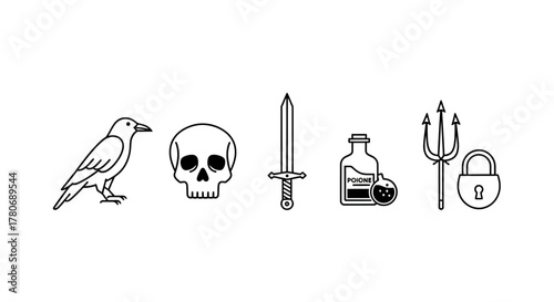 Minimalist Icon Set Depicting Dark Motifs, Featuring Raven, Skull, Sword, Poison, Trident and Lock