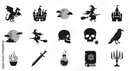 Collection of monochrome halloween elements featuring dragons, skulls, witches, and potions