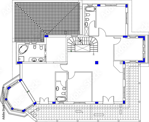 Detailed vector floor plan of a multi-room house (possibly upper floor) with stairs, bathrooms, curved balcony, and tiled roof details. Architectural CAD.