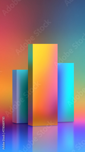 3d Graph, Three Gradient Geometric Cuboids on the Floor, Abstract 3D Illustration with Colorful Minimal Background