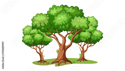 Lush Tree Trio: Three vibrant trees stand united, their leaves a symphony of green, their trunks a tapestry of brown, rooted firmly in the earth.