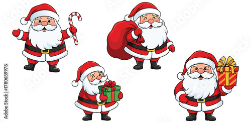 Festive Santa Claus cartoon characters deliver holiday cheer with gifts and candy canes, spreading joy and Christmas magic for seasonal designs