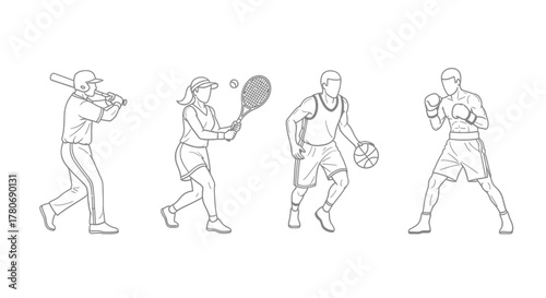 Diverse sports illustration showcasing baseball, tennis, basketball, and boxing athletes active