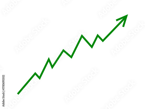 Green fluctuated arrow line graph growing up concept of business grow up sign. Moving up graph arrow indicates stock market business growth, financial profit, economic growth. Vector illustration.