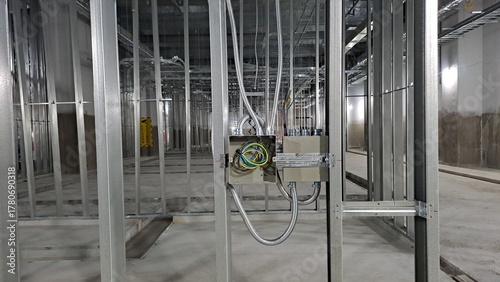 electrical wiring junction box and flexible conduit in metal stud framing on construction site