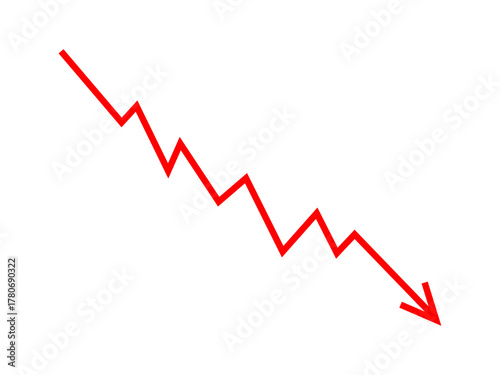 Red falling down arrow line graph indicates financial loss concept, stock market fall, business loss, market crash, economic loss. Red graph arrow downward direction. Vector illustration.