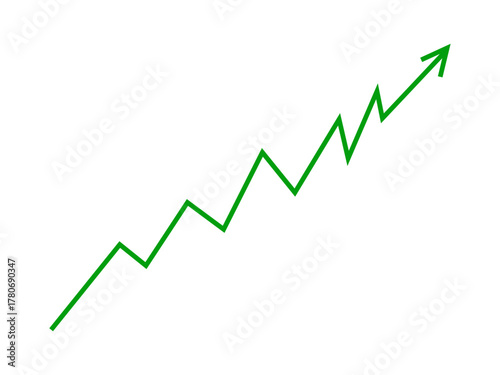 Green fluctuated arrow line graph growing up concept of business grow up sign. Moving up graph arrow indicates stock market business growth, financial profit, economic growth. Vector illustration.