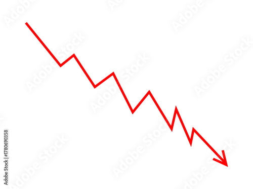Red falling down arrow line graph indicates financial loss concept, stock market fall, business loss, market crash, economic loss. Red graph arrow downward direction. Vector illustration.