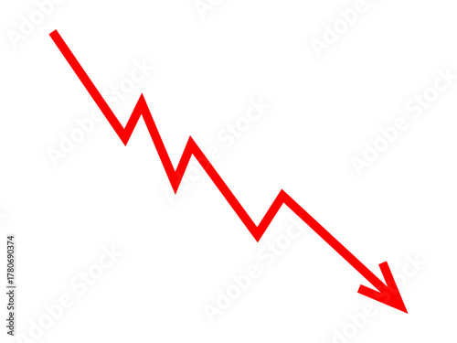 Red falling down arrow line graph indicates financial loss concept, stock market fall, business loss, market crash, economic loss. Red graph arrow downward direction. Vector illustration.
