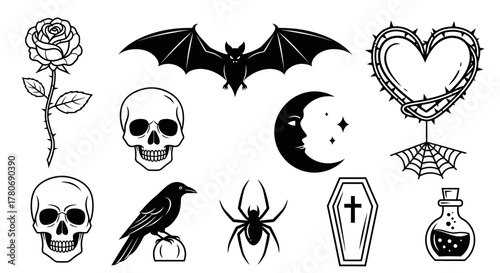 Collection of dark aesthetics, including a rose, skull, bat, moon, coffin, and potion