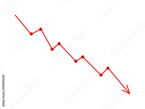 Red falling down arrow line graph indicates financial loss concept, stock market fall, business loss, market crash, economic loss. Red graph arrow downward direction. Vector illustration.