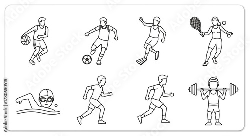 Line art of athletes engaging in diverse sports activities with simple monochrome outlines