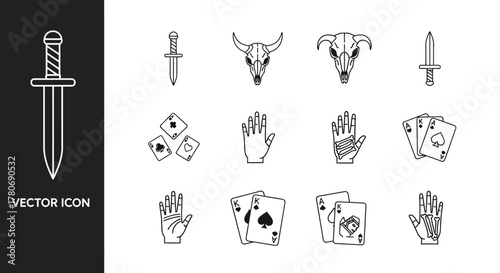 Line art vector icons featuring swords, card suits, skull imagery, and hand poses with skeleton