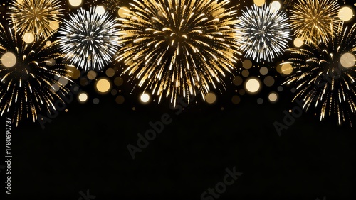 Gold & Silver Fireworks Display on Black Background: Festive Celebration, New Year's Eve, Holiday Banner, Party Backdrop, Sparkling Design
