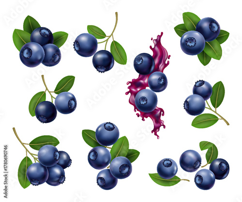Blueberry watercolor illustration, Realistic watercolor depiction of blueberries and splashes, Illustration of fresh blueberries with green foliage and juice splashes