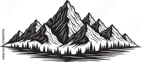 Stunning mountain peaks in black and white with a forest of pine trees, perfect for adventure logos or nature-themed designs and prints, inspiring exploration