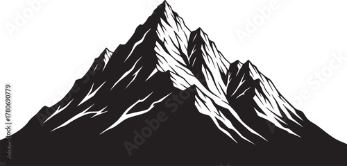 Dramatic mountain peak silhouette, ideal for outdoor adventure brand logos and nature-themed designs, conveying strength and grandeur in simple black and white