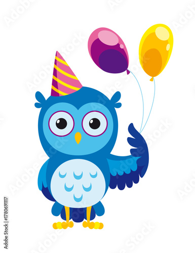 The owl in a party hat is joyfully holding two bright balloons
