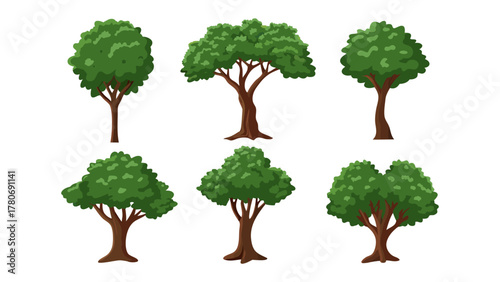 Array of Tree Silhouettes: Collection of stylized tree illustrations showcasing a variety of shapes and forms, perfect for design and environmental themes. 
