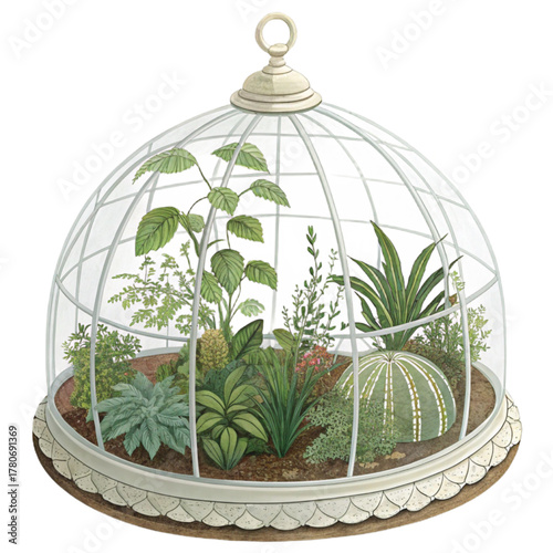 Enchanting Victorian glass dome terrarium brimming with lush exotic plants and vibrant succulents creating a miniature botanical paradise indoors