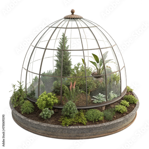 Elegant glass dome greenhouse showcasing lush greenery and diverse botanical specimens creating a miniature garden sanctuary.