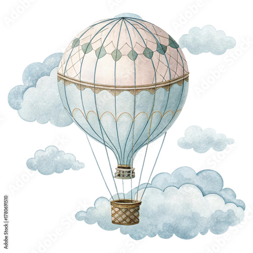 Whimsical vintage hot air balloon gracefully floats amongst soft watercolor clouds, evoking dreams of adventure and travel.