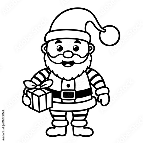 line art illustration of a cute cartoon Santa Claus with traditional costume and gift bag, simple festive design.  Santa Claus icon. Vector,  illustration