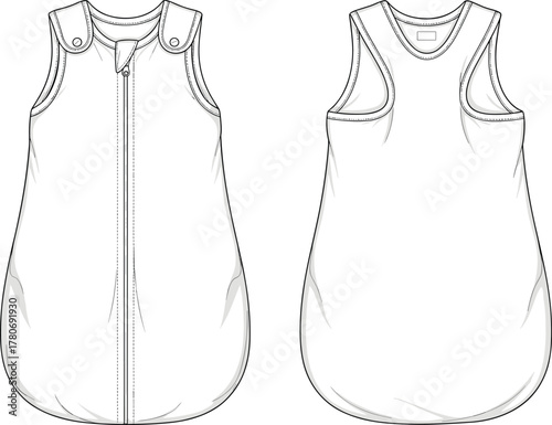 Baby sleep sack front and back technical sketch, wearable blanket design, infant garment flat drawing, zipper closure, shoulder snaps, rounded hem