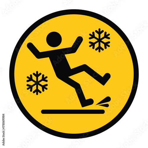 Circular yellow warning sign showing a person slipping on ice with snowflake icons. Symbol represents caution for icy or slippery surfaces, winter safety, and fall prevention awareness.