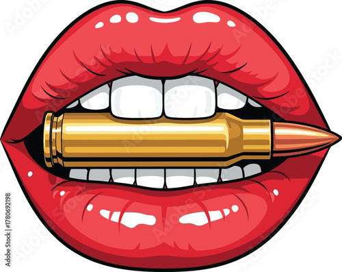 Red lips biting a golden bullet